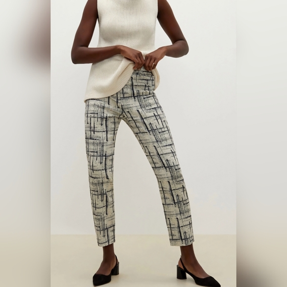 MM Lafleur The Condesa Pants 8 Cubist Jacquard Mid Rise Ivory Blue Stret… - Picture 10 of 13